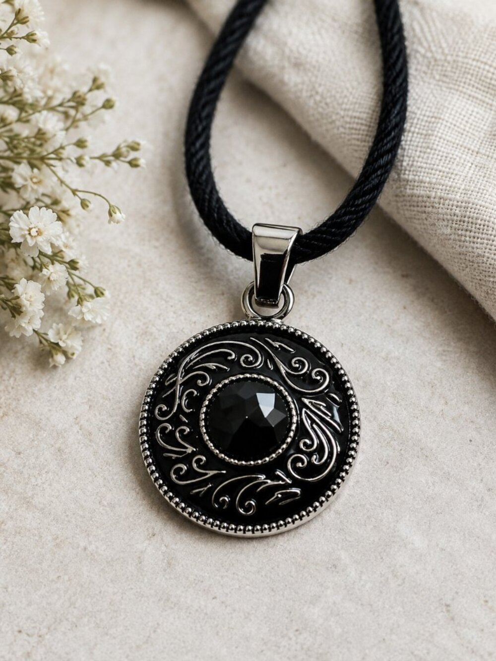Black Enamel Silver Tone Round Pendant Faceted Black Stone Scroll Design 1.5"